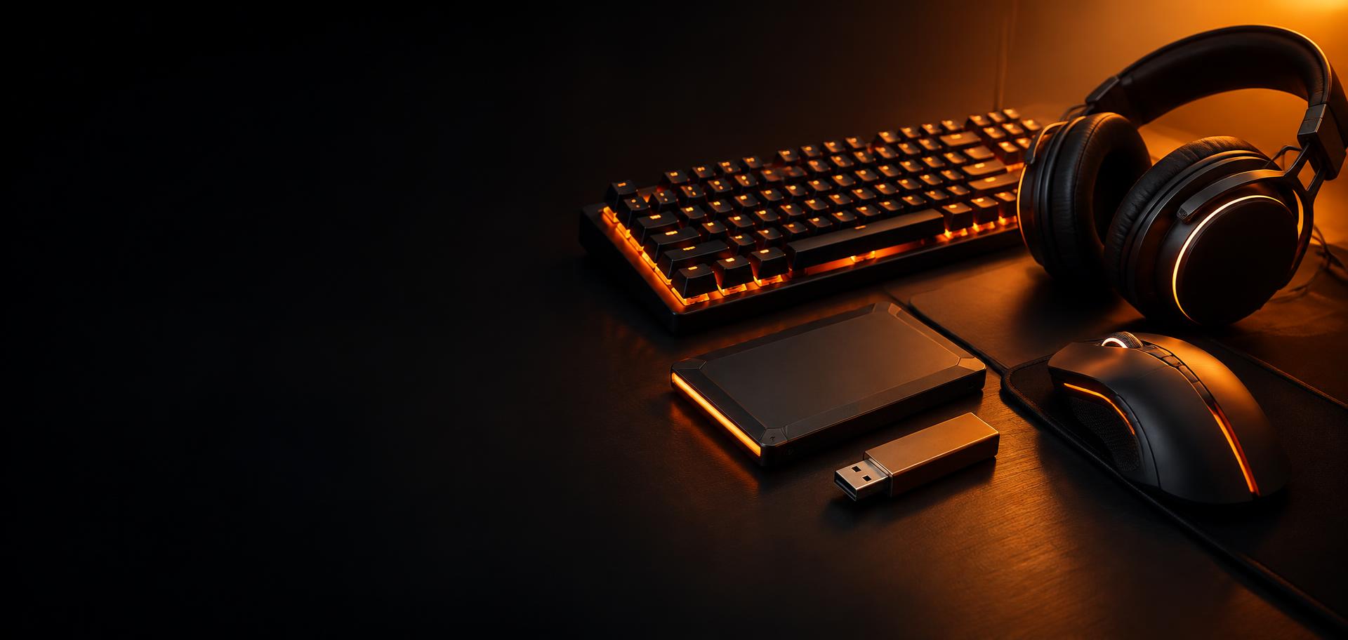 Setup gamer com teclado RGB, headset, mouse e SSD